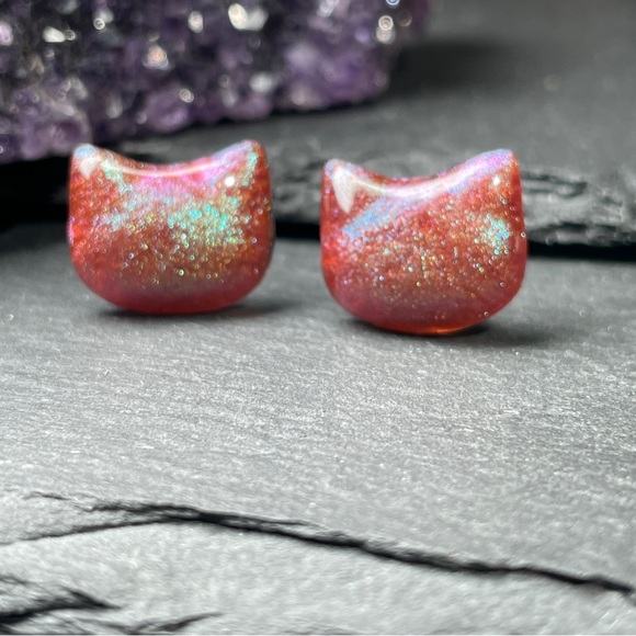 Stud Earrings Sparkly Glitter Cat Stud Hand Poured Resin 
Post Earrings - Picture 3 of 10
